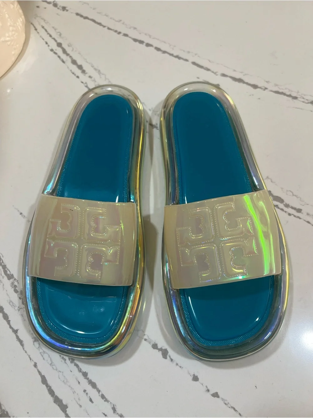 Tory Burch Green Teal Footbed Iridescent Slide Sandals size 7